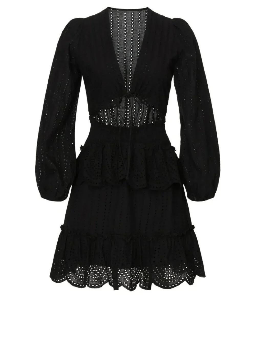 AREA STARS Lela Mini Dress Black Eyelet w/ Cutouts Deep V Tie Front Tiered MED